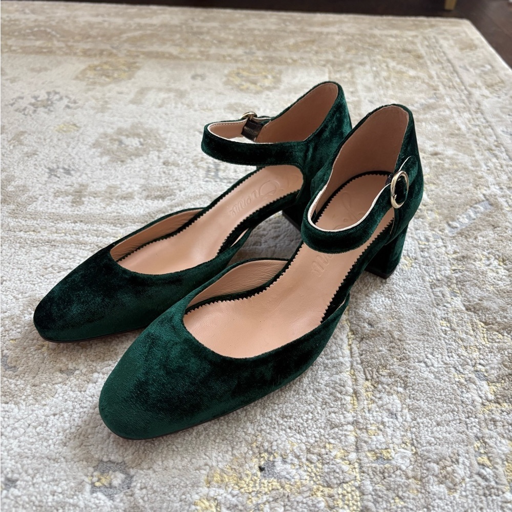 J. Crew Ankle Strap Millie Green Velvet Pumps - Picture 2 of 9